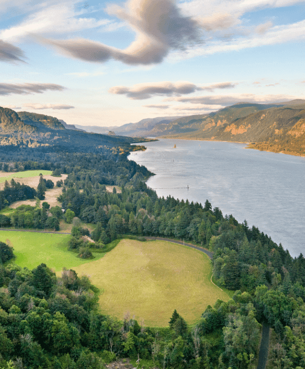 A panoramic view of a green landscape with a winding river and mountains in the background.