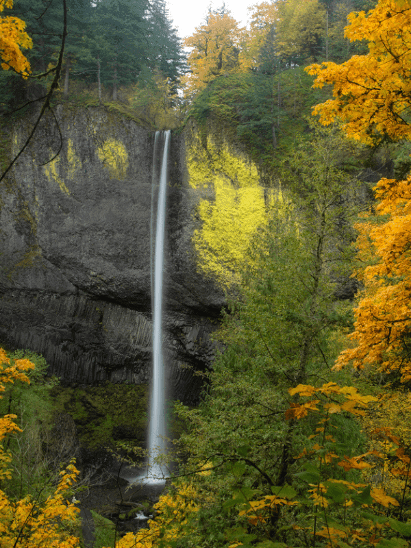 A tall waterfall cascades down rocky cliffs, surrounded by vibrant autumn foliage.