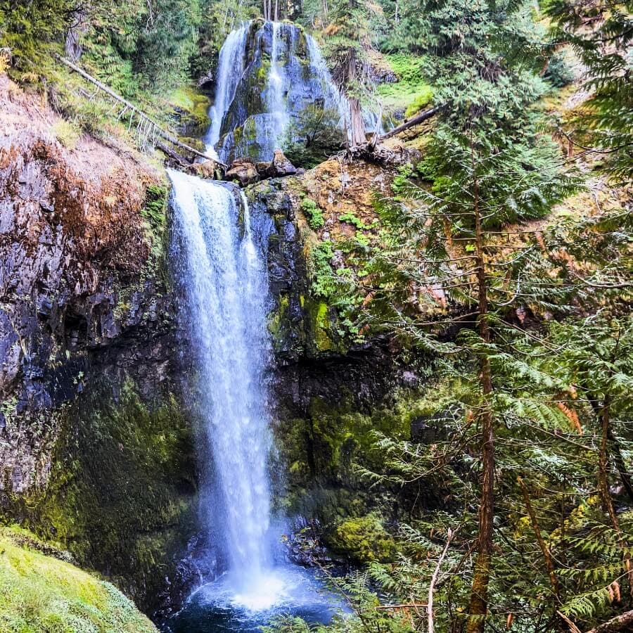 A cascading waterfall surrounded by lush greenery and rocky cliffs.