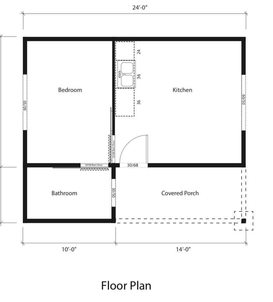A labeled floor plan featuring a bedroom, kitchen, bathroom, and covered porch layout.